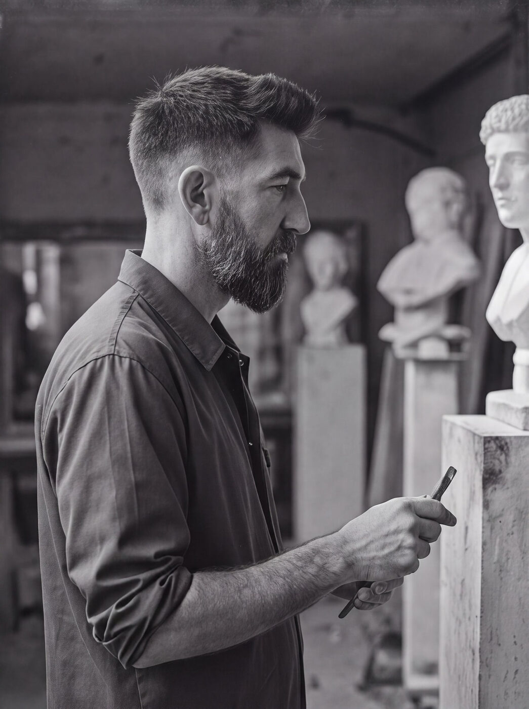Emre Yusufi examining a bust