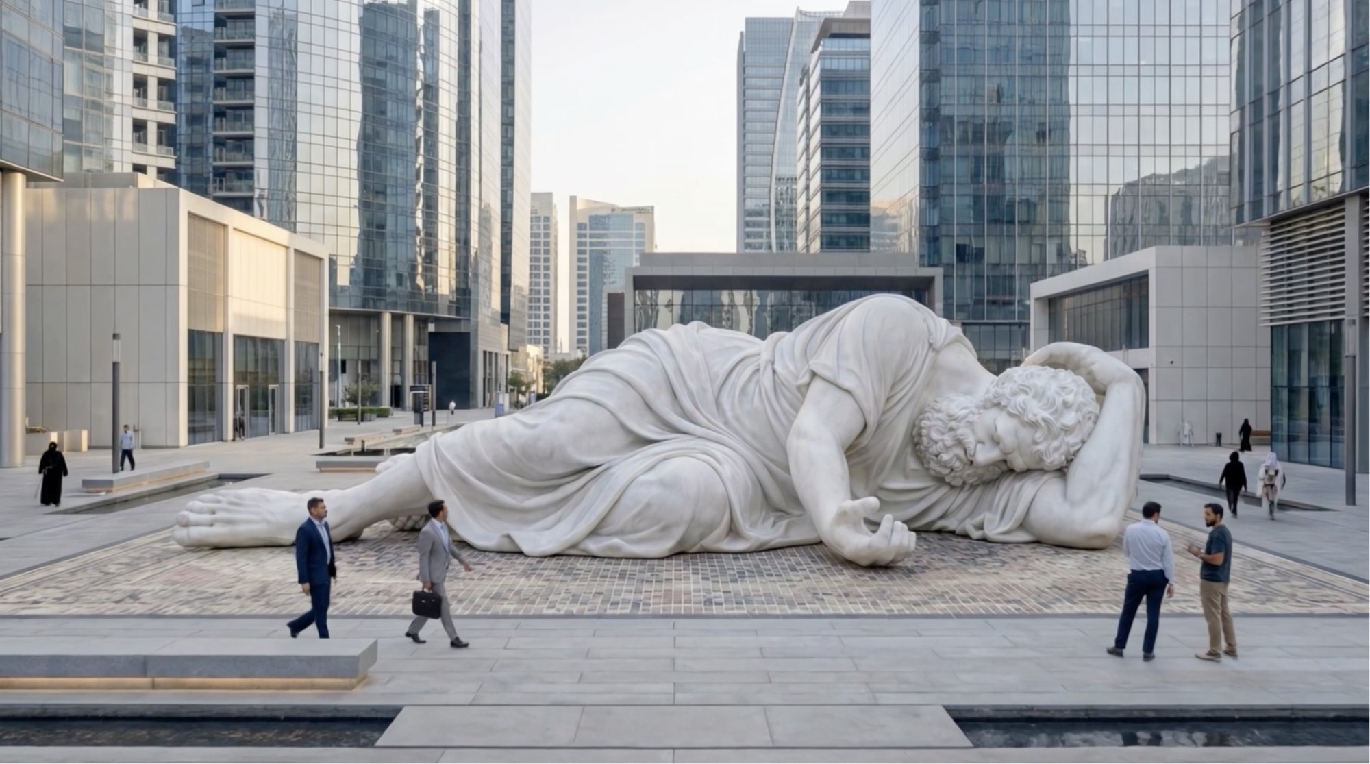 The Sleeping Dervish — bir şehir meydanında uzanan anıtsal figür, proje görselleştirmesi