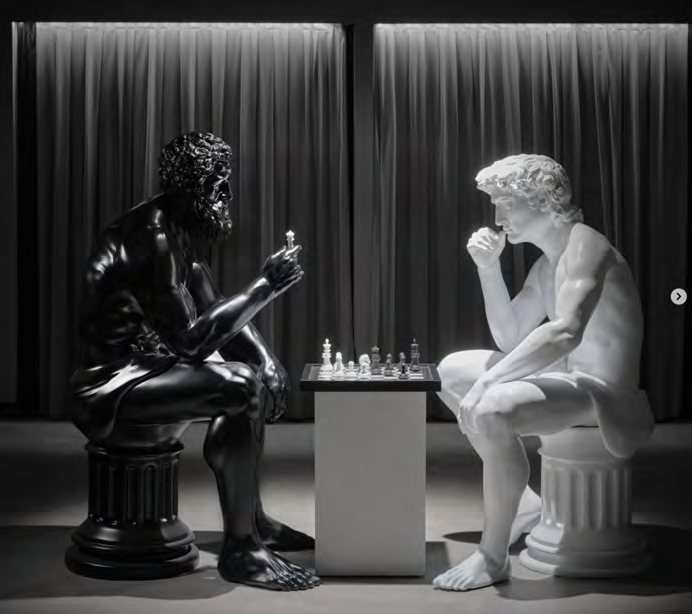 The Immortal Game — satranç tahtası başında oturan siyah ve beyaz iki figür