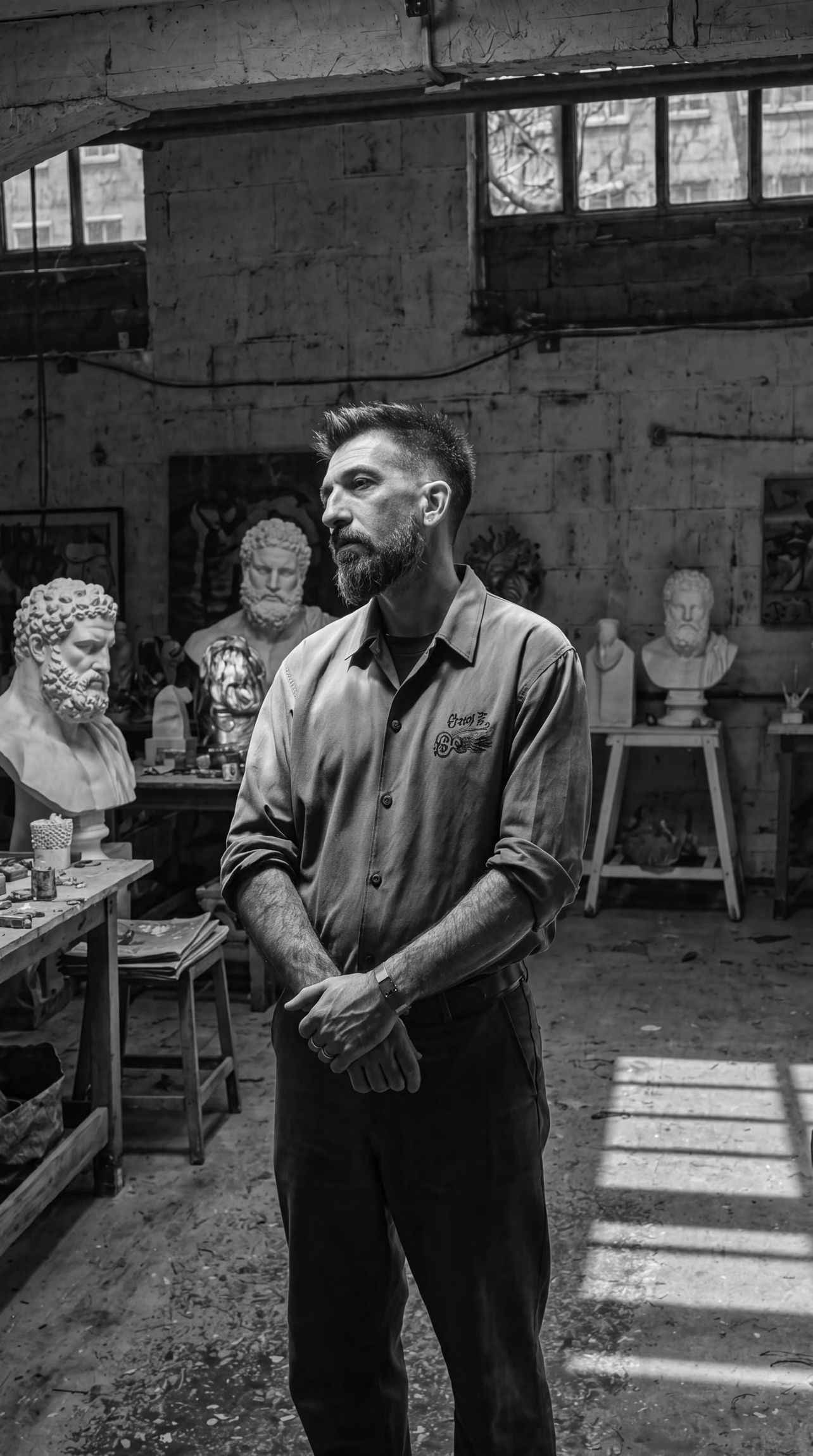 Emre Yusufi İstanbul'daki atölyesinde, mermer büstlerin arasında